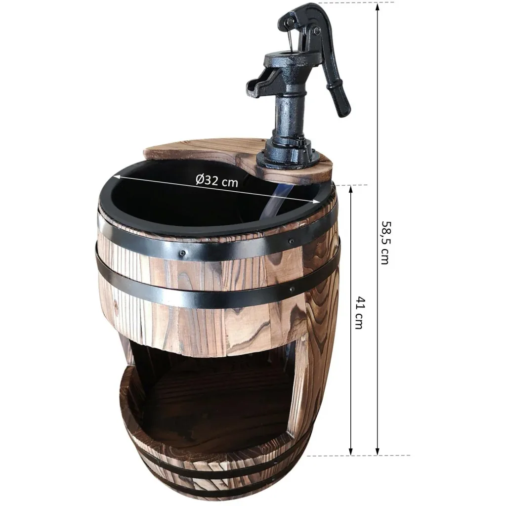 Gartenbrunnen Zierbrunnen Springbrunnen Wasserfall Holzfass mit Pflanzengefäß Dunkelbraun ?32 x 58,5 cm