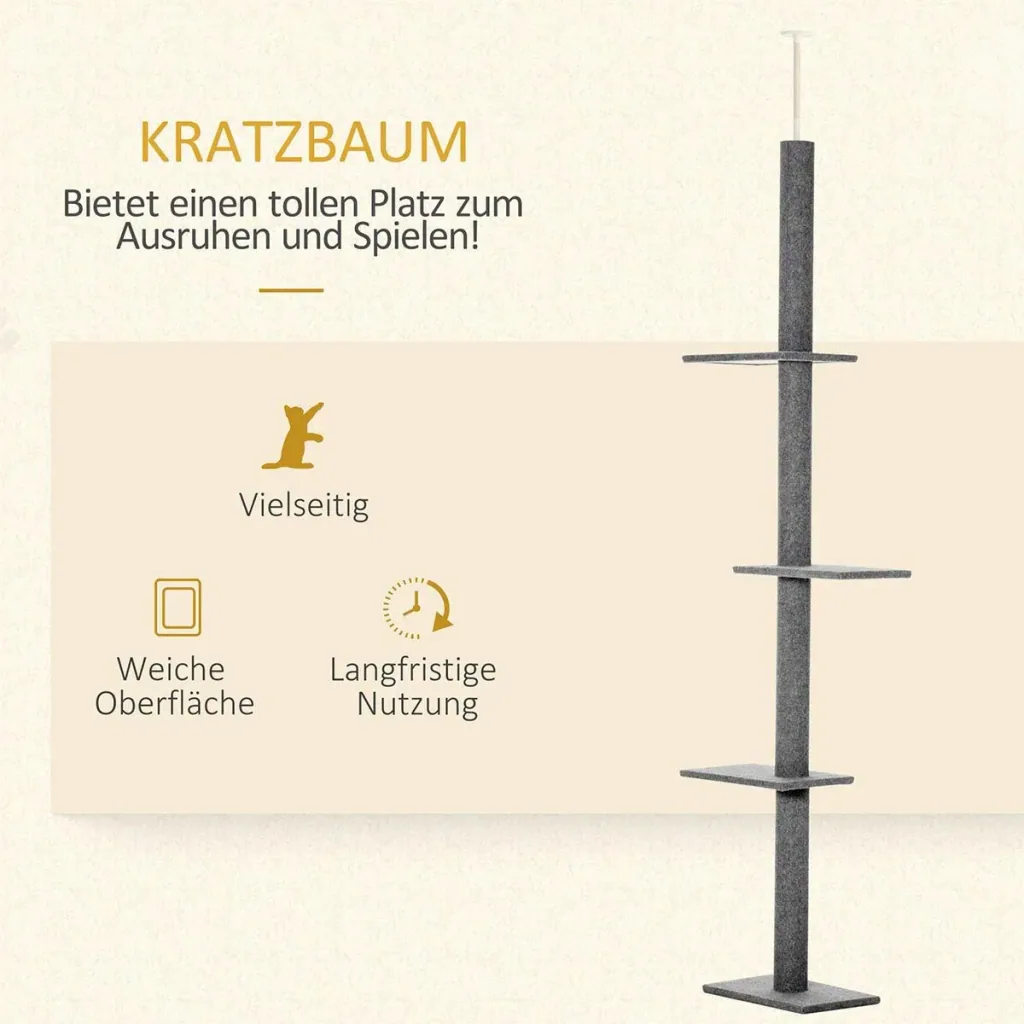 Kratzbaum Katzenbaum Kletterbaum für Katzen Höhenverstellbar Spielbaum Grau 43x27x228-260 cm