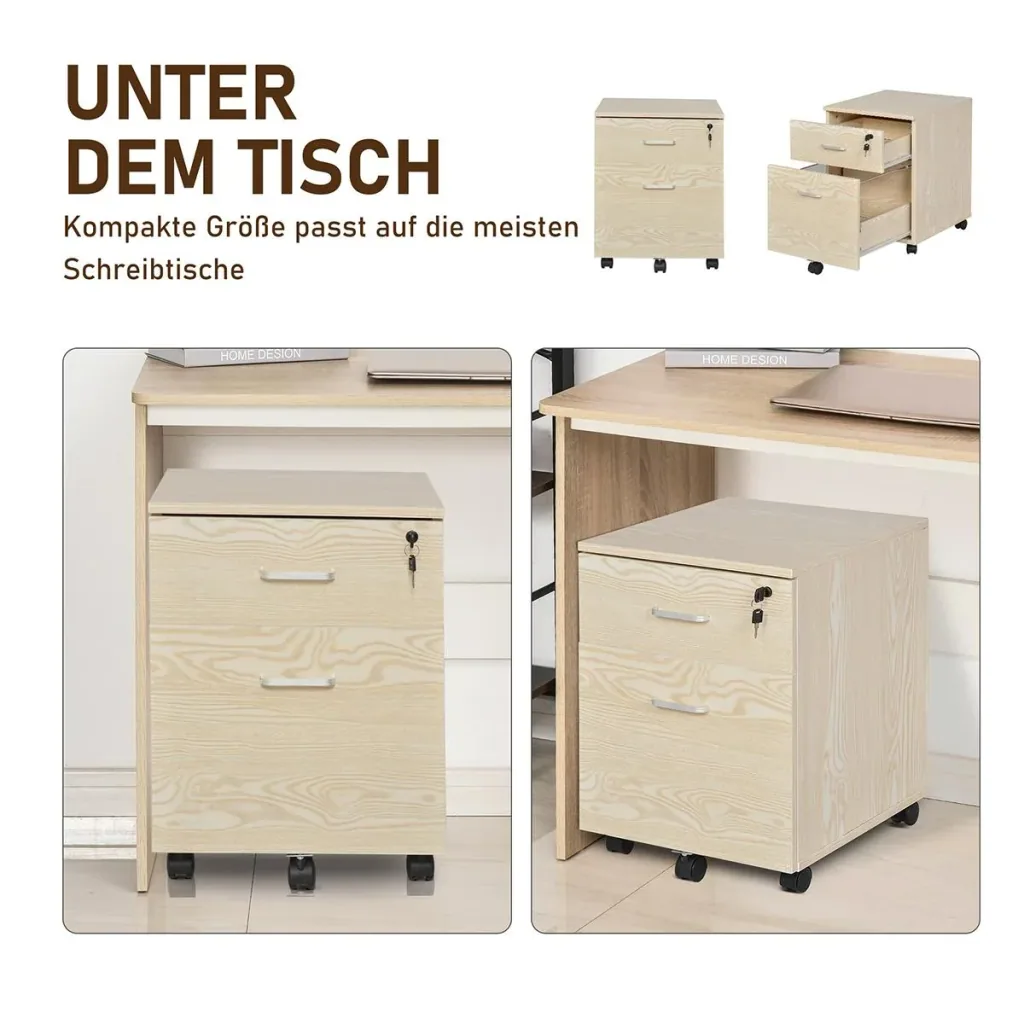 Rollcontainer Aktenschrank mit 2 Schubladen mobil abschließbar 5 Universalräder Spanplatte Natur 40 x 45 x 55,6 cm
