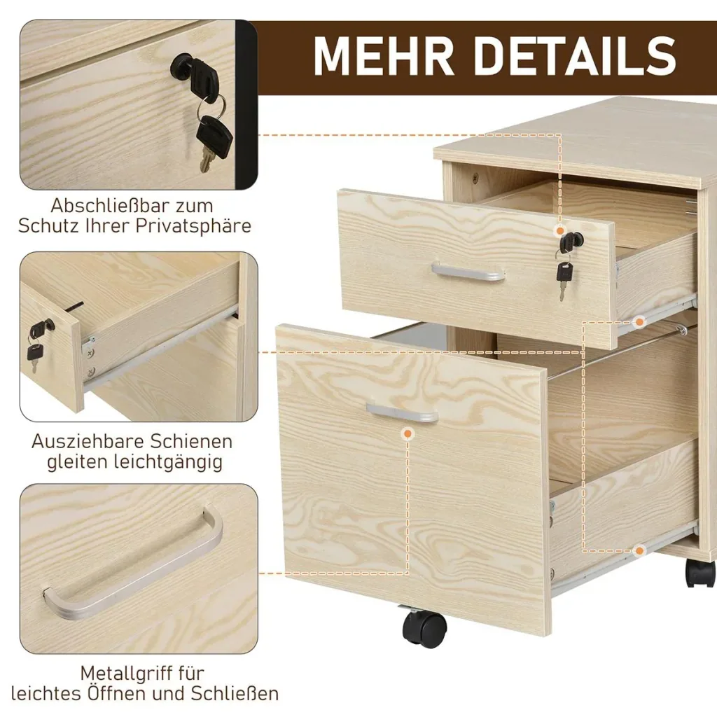 Rollcontainer Aktenschrank mit 2 Schubladen mobil abschließbar 5 Universalräder Spanplatte Natur 40 x 45 x 55,6 cm