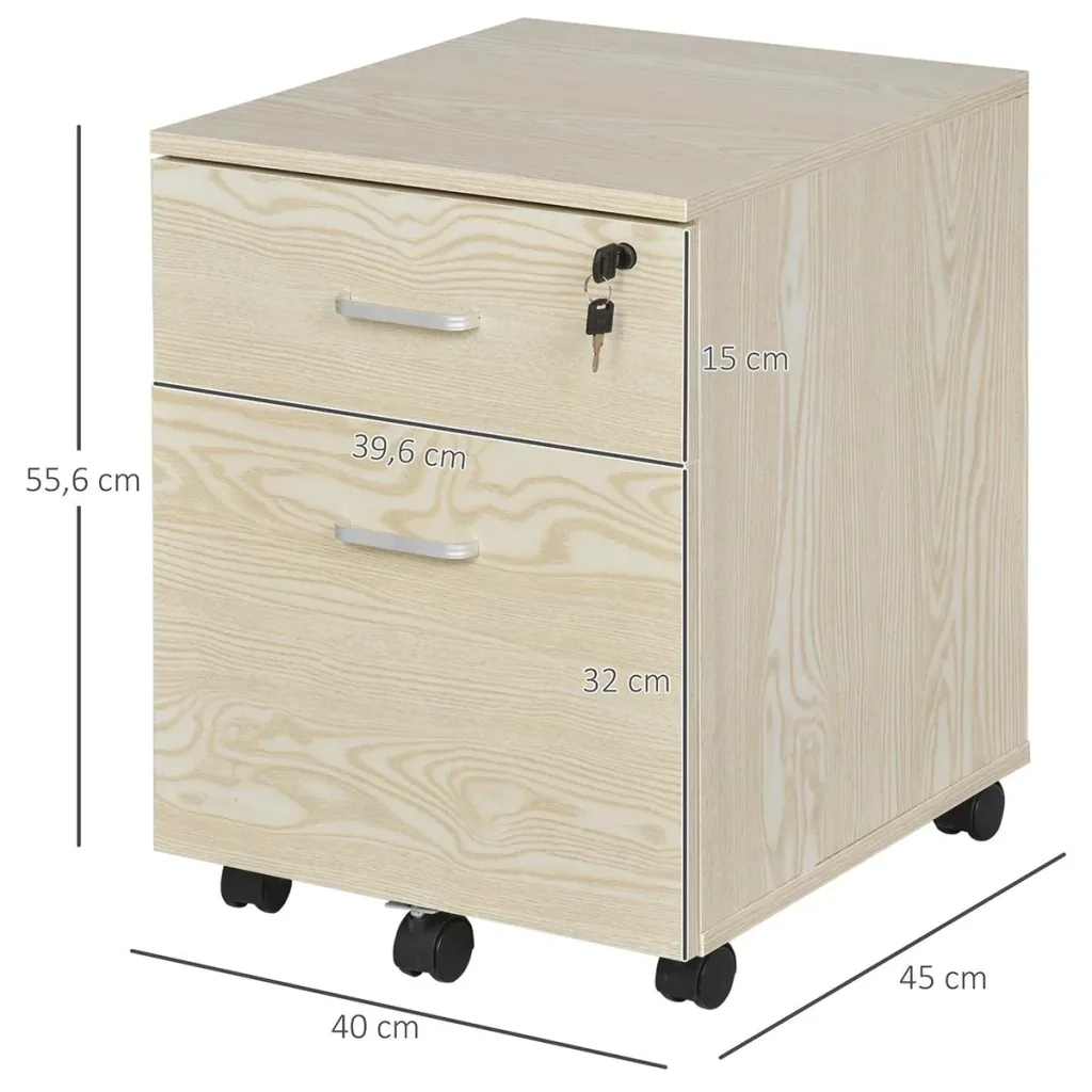 Rollcontainer Aktenschrank mit 2 Schubladen mobil abschließbar 5 Universalräder Spanplatte Natur 40 x 45 x 55,6 cm