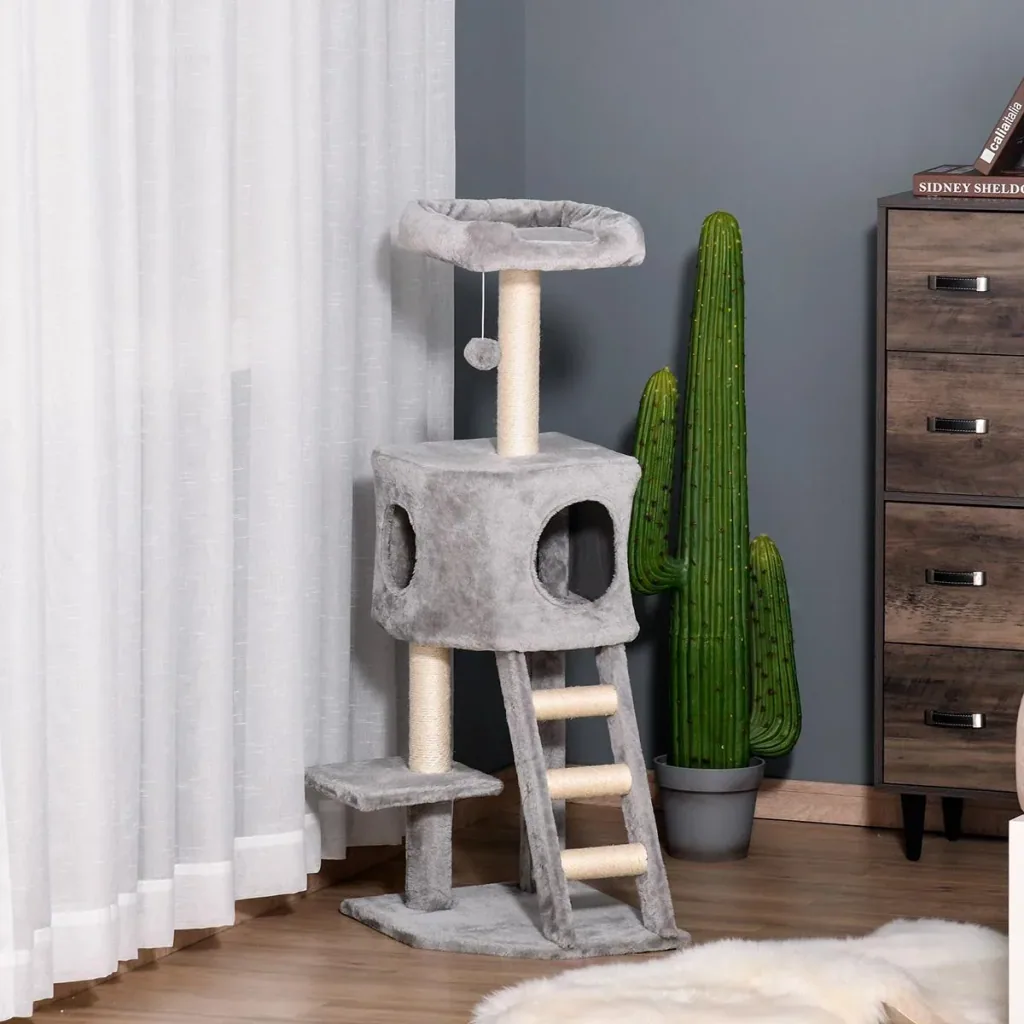 Kratzbaum mit Katzenhöhle Leiter Katzenbaum Kletterbaum für Katzen Mehrstufiges Multiaktivitätszentrum E1 MDF Sisal Hell