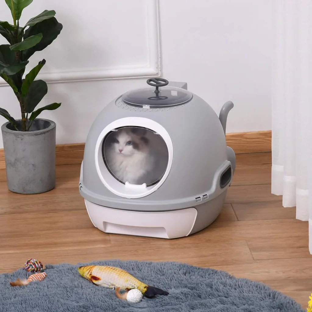 Katzentoilette mit Katzenklappe blau