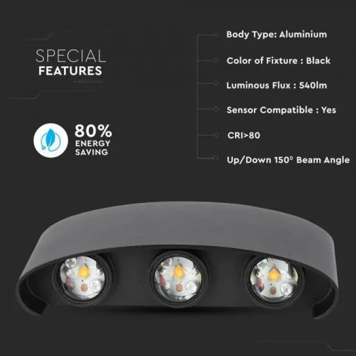 VT-846 LED-Wandleuchte oben / unten - 5W - 630 Lm - 3000K - Schwarz