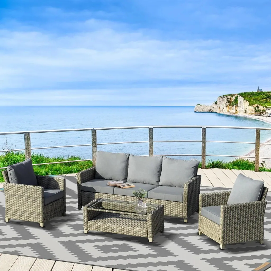 Polyrattan Gartenmöbel Set 4-teilig mit Couchtisch Sitzkissen Aluminium Braun+Grau
