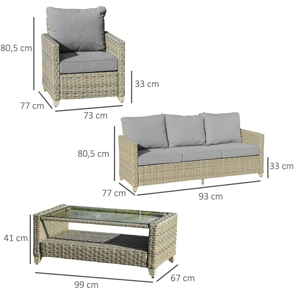 Polyrattan Gartenmöbel Set 4-teilig mit Couchtisch Sitzkissen Aluminium Braun+Grau