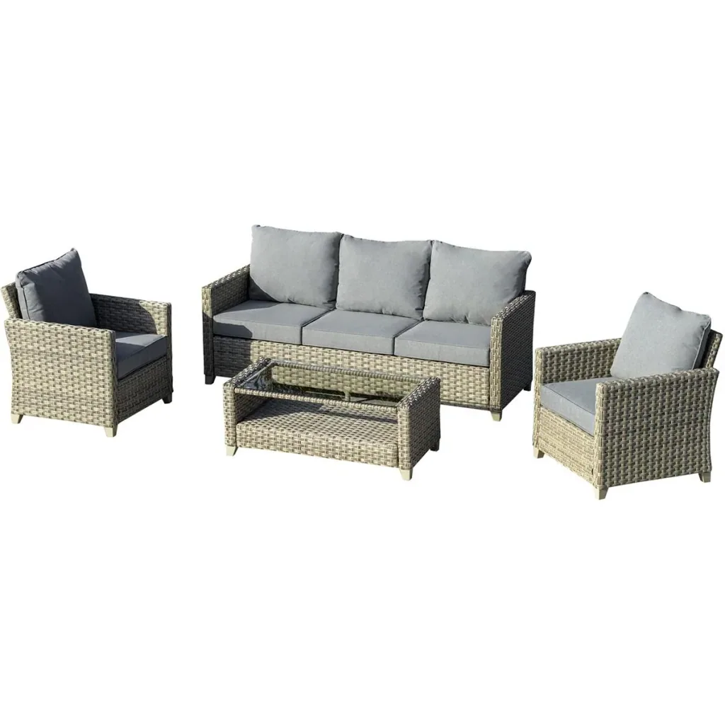 Polyrattan Gartenmöbel Set 4-teilig mit Couchtisch Sitzkissen Aluminium Braun+Grau