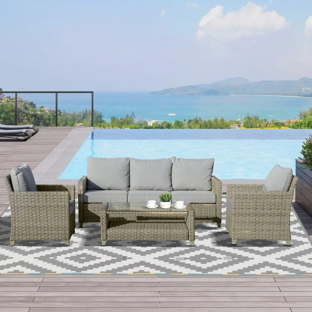 Polyrattan Gartenmöbel Set 4-teilig mit Couchtisch Sitzkissen Aluminium Braun+Grau