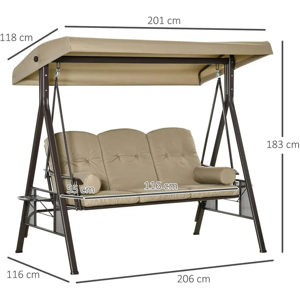 3-Sitzer Hollywoodschaukel mit Sonnenschirm Taupe 116 x 206 x 183 cm
