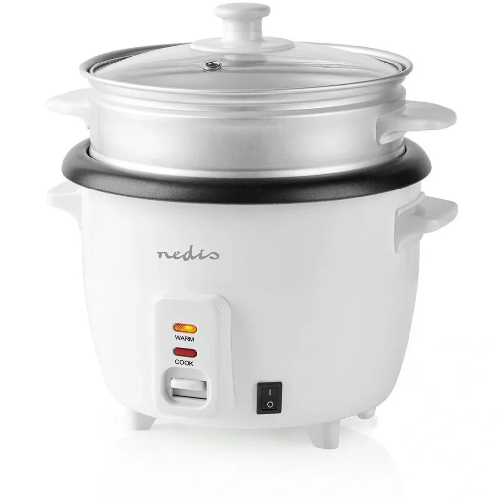 Nedis Reiskocher Abnehmbare Pfanne 1L Dämpfkorb Glasdeckel Inkl. Messbecher und Schöpflöffel 400W Weiß