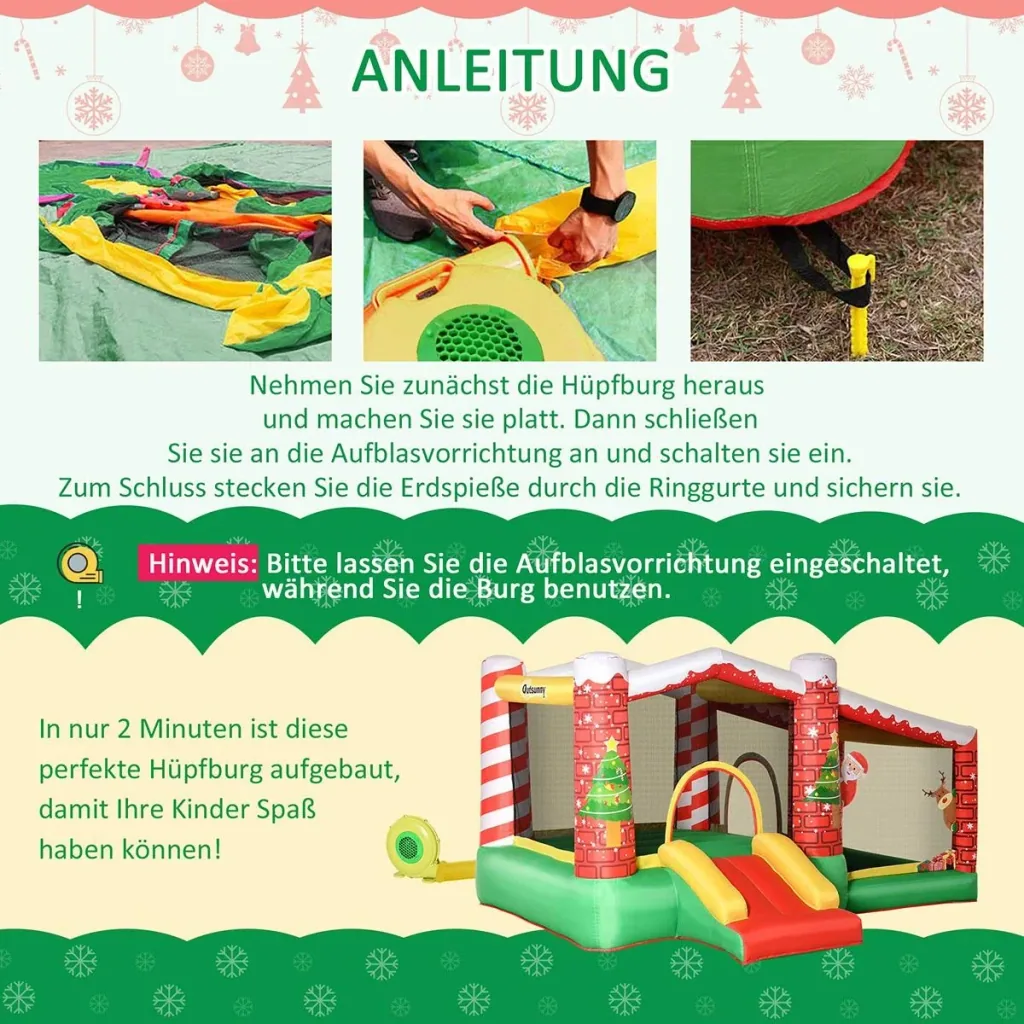 Weihnachten Aufblasbare Hüpfburg für 3 Kinder Springburg mit Gebläse für 3-8 Jahre Rot+Grün 325 x 270 x 175 cm