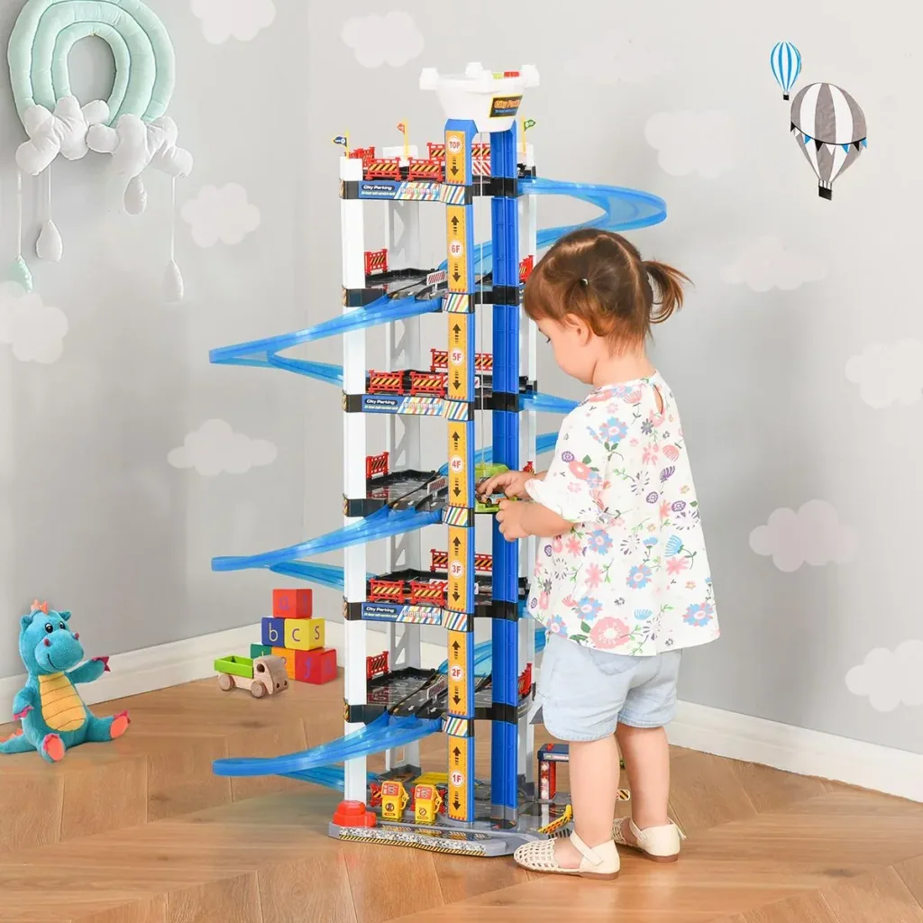 Rennbahn Kinder Autorennbahn Parkgarage für Kinder von 3 bis 6 Jahren Spielzeugautos Komplett mit Licht und Sound ABS