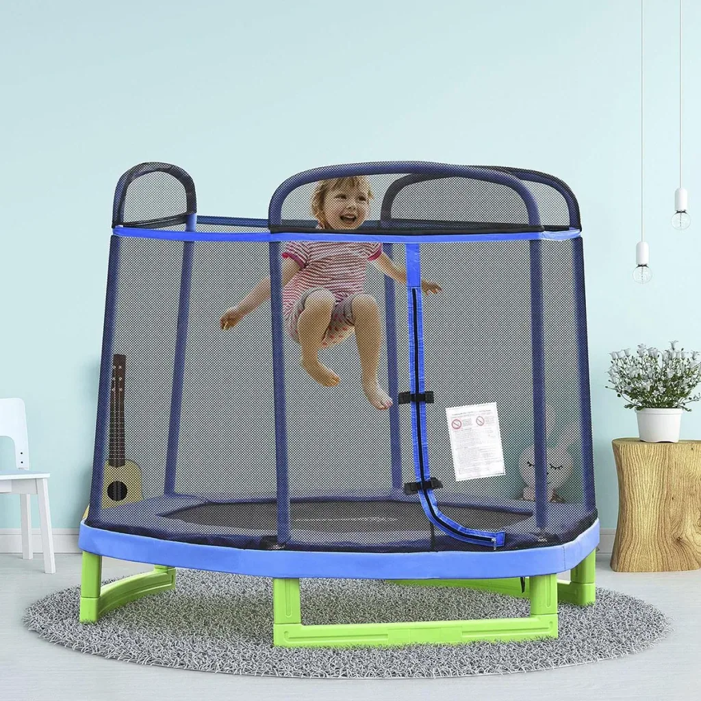 Kinder Trampolin mit Sicherheitsnetz Indoortrampolin Fitnesstrampolin für 3-12 Jahre Kinder bis 80 kg Stahl Blau+Grün 21