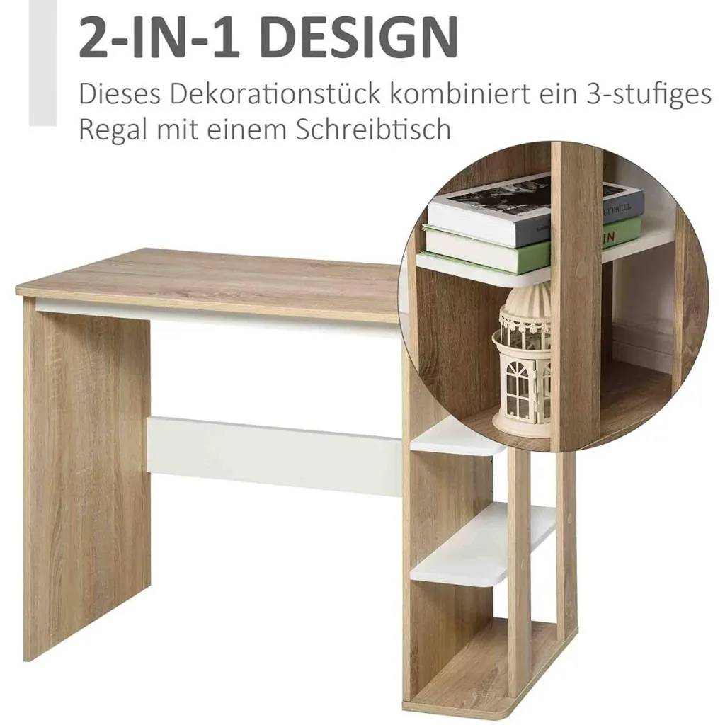 Schreibtisch mit Seitenregal Natur, Weiß