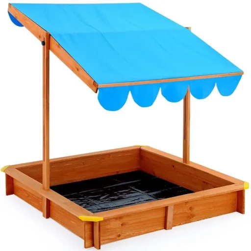 Sandkasten mit Sonnenschirm - Sandkasten mit verstellbarem Dach - 120x120cm, Blau