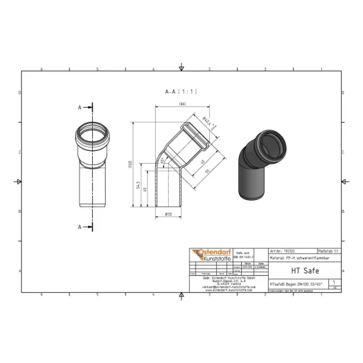 HT Rohr 32mm, HT Bogen 45 Grad, Abwasserrohr, Bogenwinkel