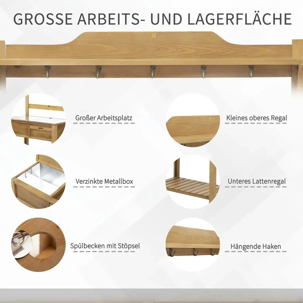 Pflanztisch mit verzinkter Arbeitsplatte Gärtnertisch für Garten Balkon und Terrasse mit Ablage Blumenregal Blumenstände