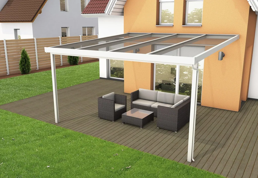 Terrassendach Premium, weiß, 4102 x 4060 mm - Polycarbonat Stegplatten 16 mm, klar