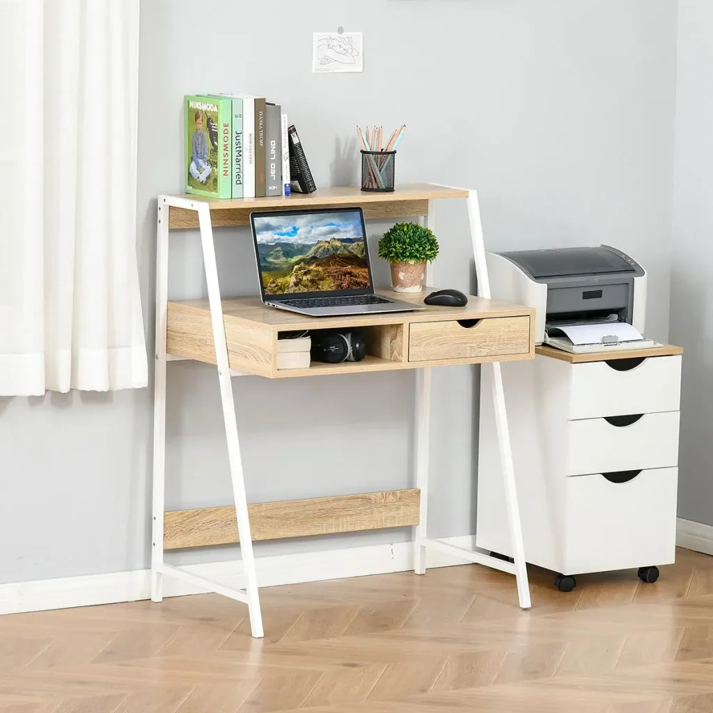 Schreibtisch Bücherregal Computertisch Bürotisch mit Schublade und Regal großer Stauraum E1-Spanplatte Metallrahmen Natu