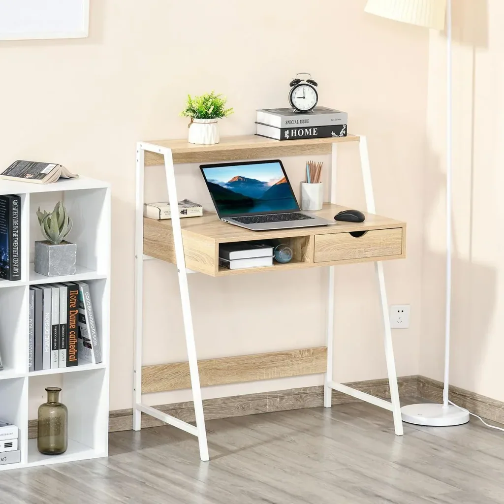 Schreibtisch Bücherregal Computertisch Bürotisch mit Schublade und Regal großer Stauraum E1-Spanplatte Metallrahmen Natu