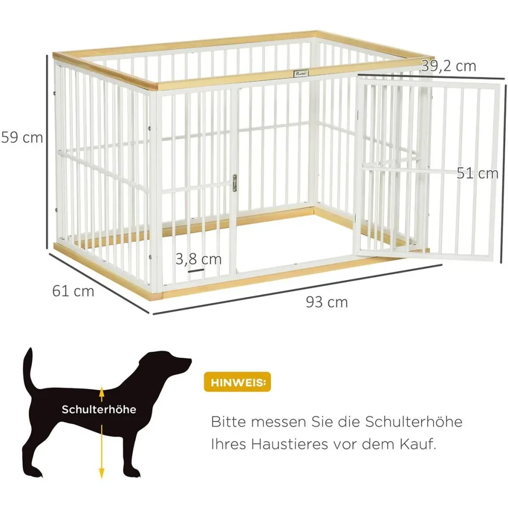 Außengehege für Hunde Sicherheitszaun mit Tür Stahl Kiefer Holz Weiß + Natur 93 x 61 x 59 cm