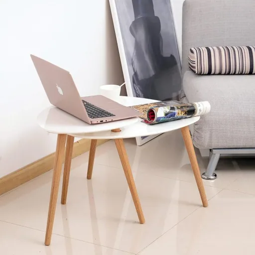 Couchtisch Beistelltisch Sofatisch Telefontisch Kaffeetisch Holz Weiß + Natur 75,5 x 59,5 x 45,5 cm