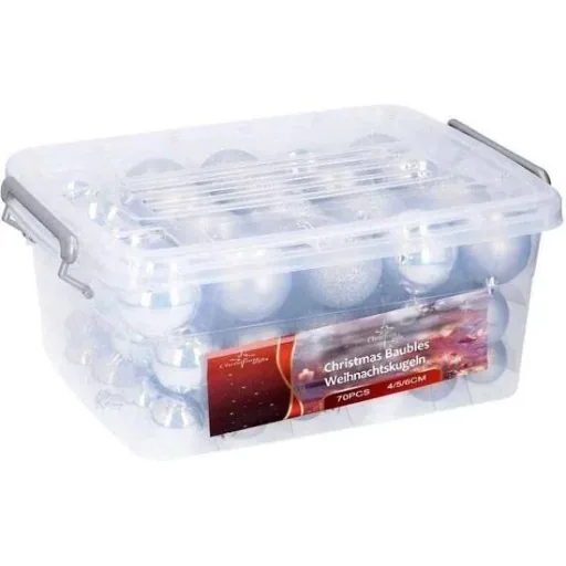 Weihnachtskugeln - 70 Kugeln - mit Aufbewahrungsbox - Kunststoff / Kunststoff - Silber