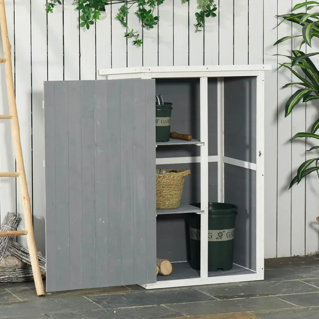 Gartenhaus Gerätehaus Geräteschuppen mit Regalböden Geräteschuppen Lagerschuppen für Garten Tanne Schwarz+Grau+Weiß 75 x