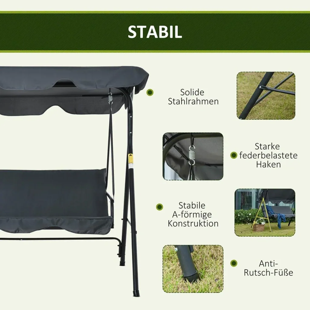 Hollywoodschaukel Gartenschaukel Schaukelbank 3-Sitzer mit Dach Stahl Grau+Schwarz 172 x 110 x 153 cm