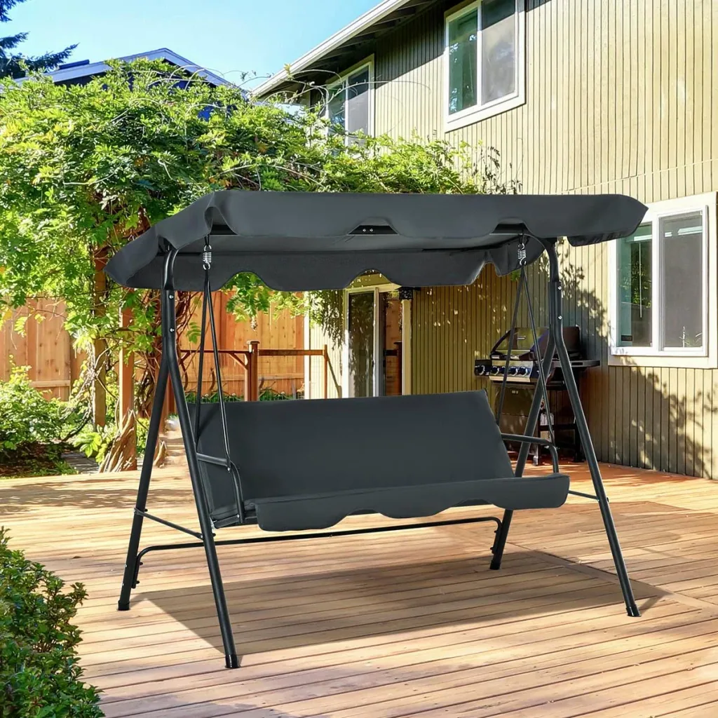 Hollywoodschaukel Gartenschaukel Schaukelbank 3-Sitzer mit Dach Stahl Grau+Schwarz 172 x 110 x 153 cm
