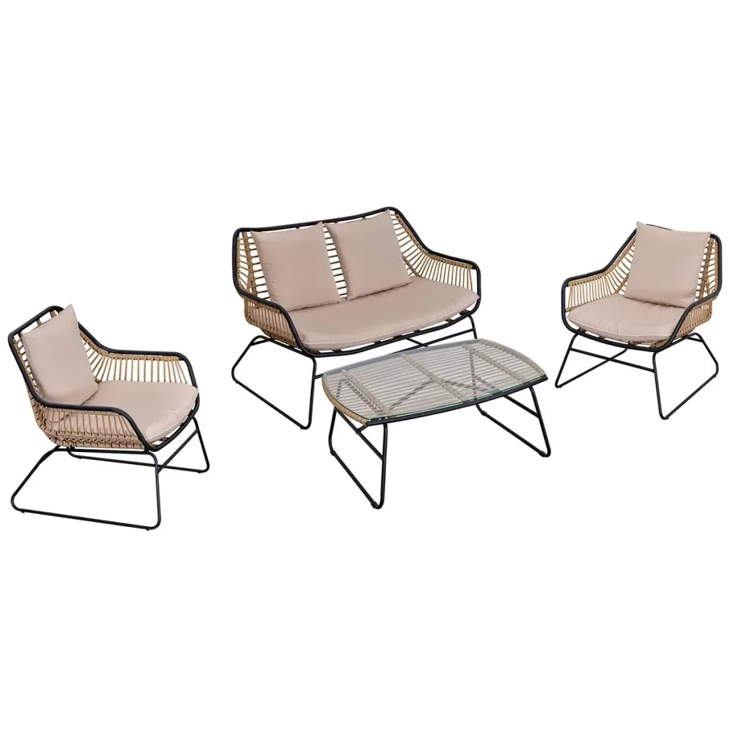 Polyrattan Gartenbank 4-teiliges Rattensofa-Set für Pause Teetisch aus gehärtetem Glas Sitzbank mit Tisch & Kissen Stahl