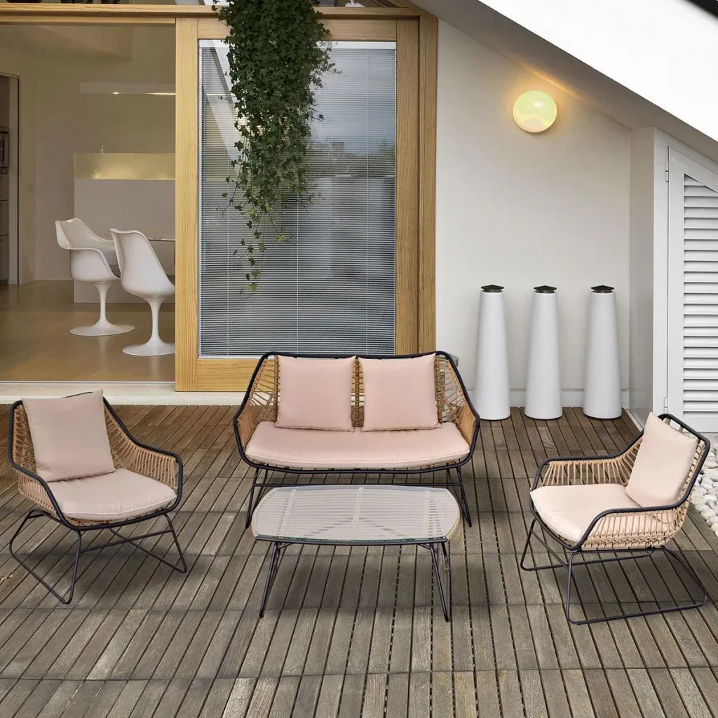 Polyrattan Gartenbank 4-teiliges Rattensofa-Set für Pause Teetisch aus gehärtetem Glas Sitzbank mit Tisch & Kissen Stahl