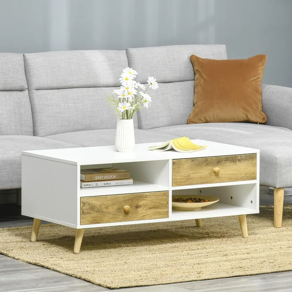 Couchtisch Wohnzimmertisch mit Schublade Regale Beistelltisch Kaffeetisch Teetisch Nachttisch Spanplatte Weiß+Braun 100