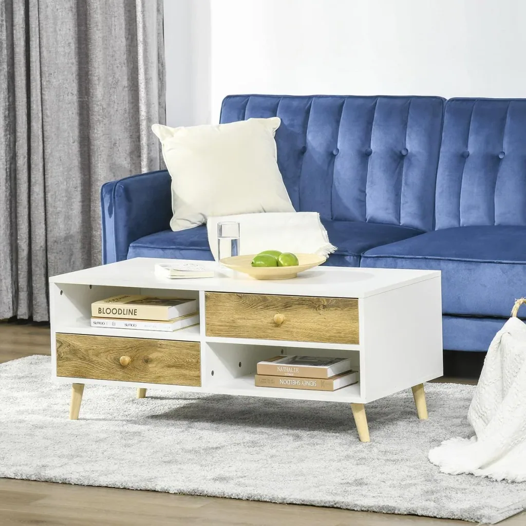 Couchtisch Wohnzimmertisch mit Schublade Regale Beistelltisch Kaffeetisch Teetisch Nachttisch Spanplatte Weiß+Braun 100