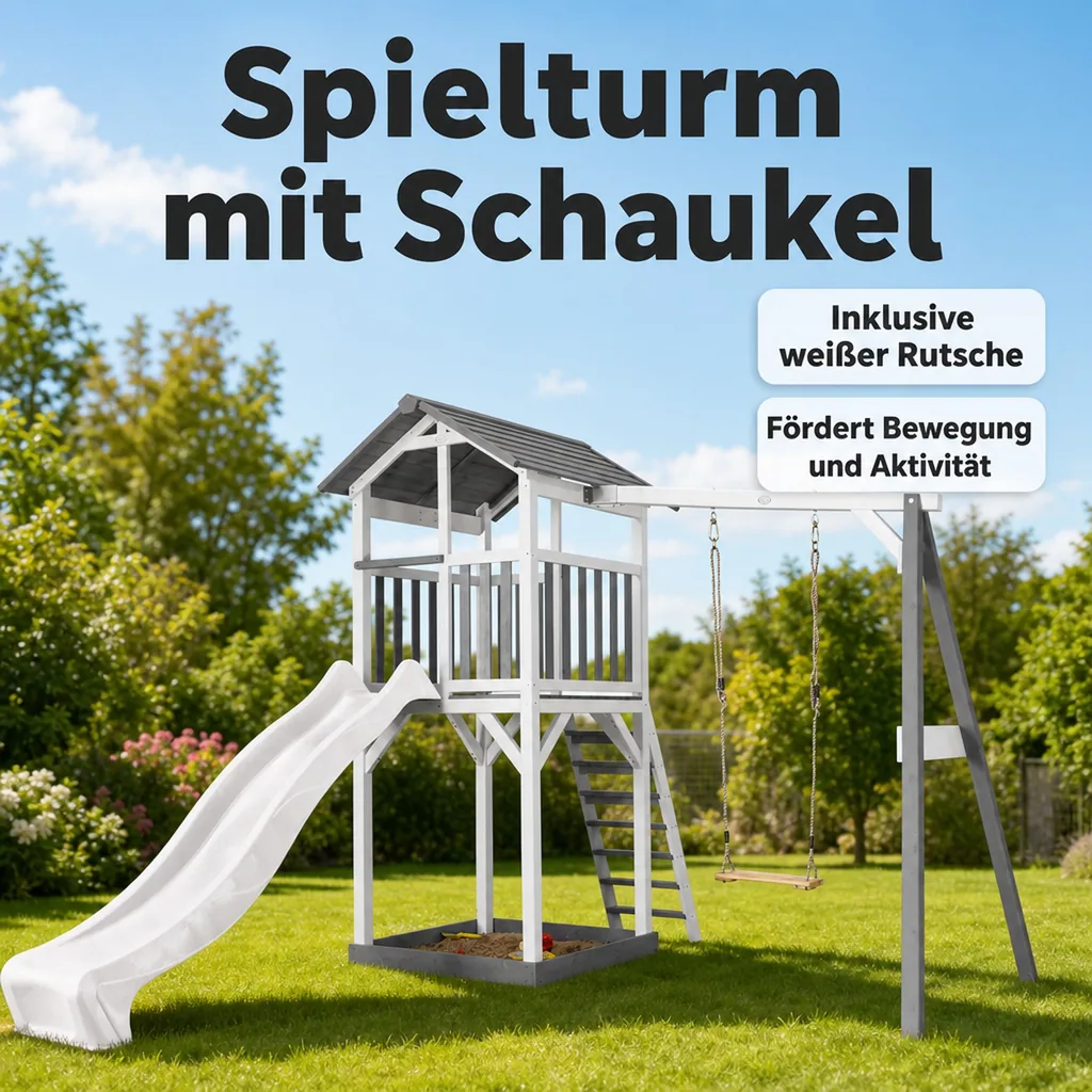 Beach Tower Spielturm mit Einzelschaukel - Weiße Rutsche