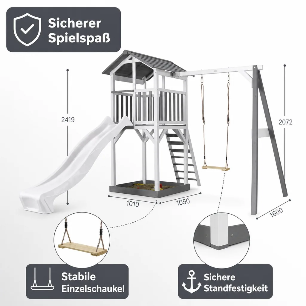Beach Tower Spielturm mit Einzelschaukel - Weiße Rutsche