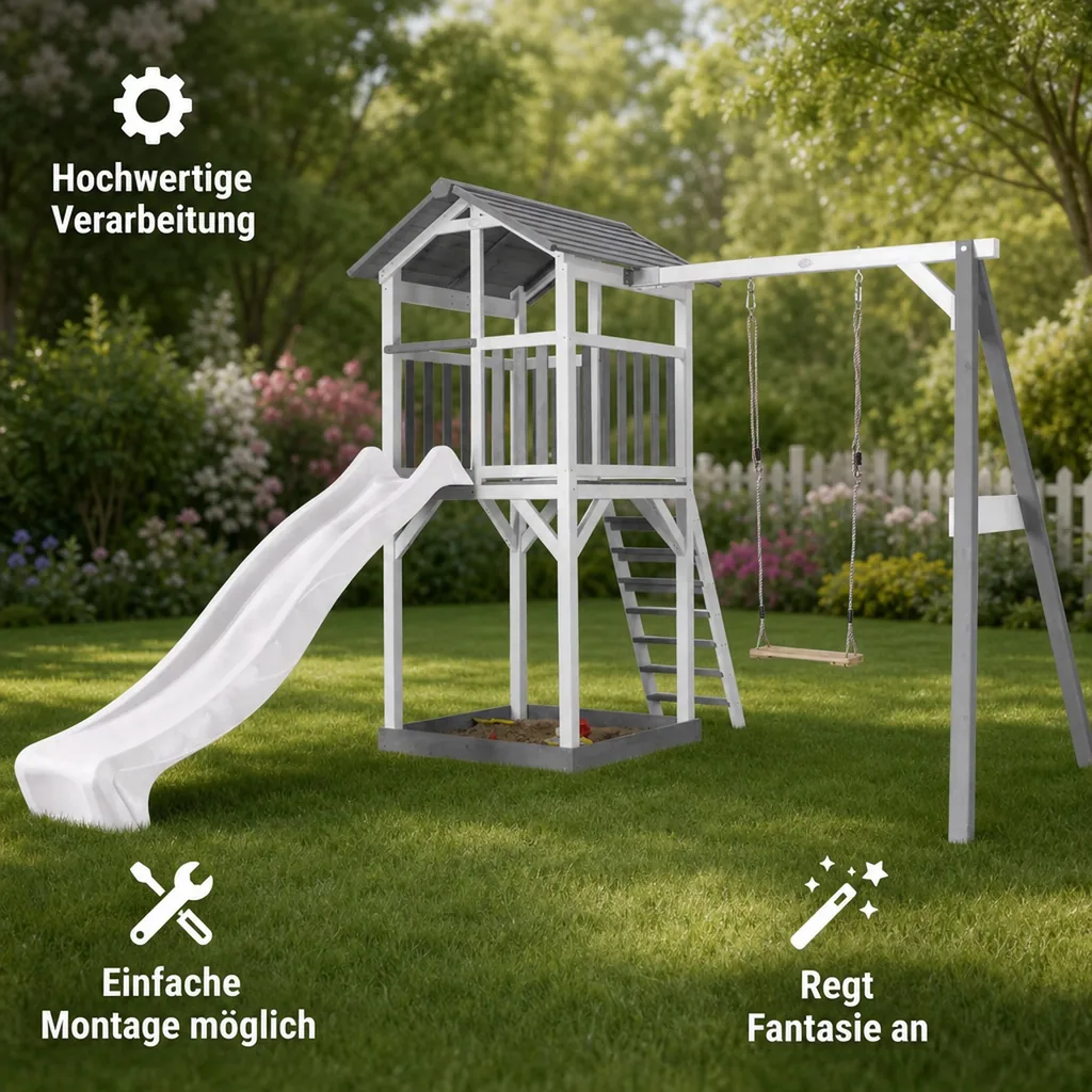 Beach Tower Spielturm mit Einzelschaukel - Weiße Rutsche