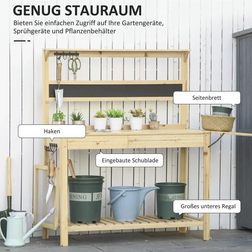 Pflanztisch Gärtnertisch mit 8 Haken Schublade Ablage Blumentisch aus Holz für Garten Terrasse Natur 151 x 45,5 x 143 cm