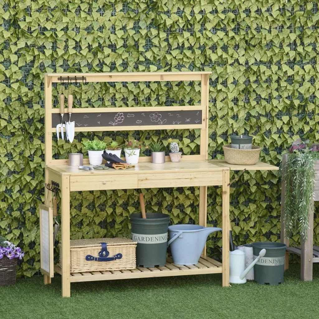 Pflanztisch Gärtnertisch mit 8 Haken Schublade Ablage Blumentisch aus Holz für Garten Terrasse Natur 151 x 45,5 x 143 cm