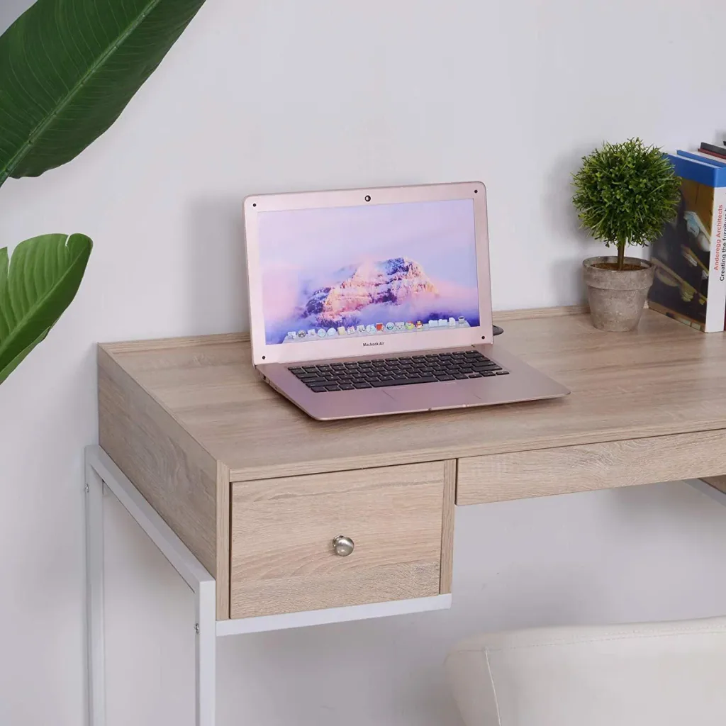 Schreibtisch Computertisch Laptoptisch Bürotisch 3xSchublade verstellbar Holz+Metall Natur+Weiß 114x55x77cm