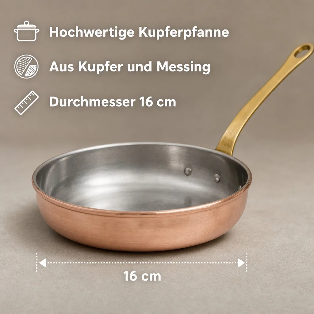Bratpfanne, Kupferpfanne - aus Kupfer und Messing, 16cm