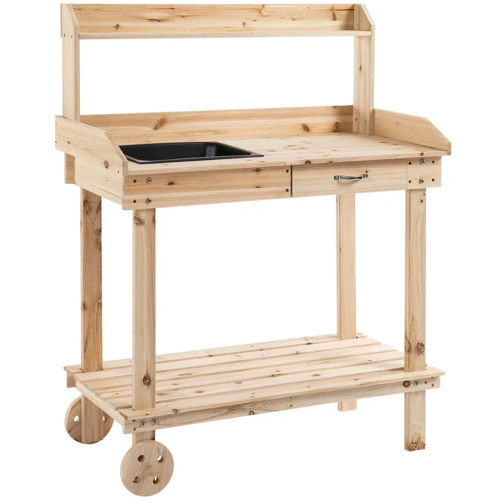 Pflanztisch mit Schublade 2 Stufen Gärtnertisch mit waschbecken und Rollen Garten, Tannenholz Natur 92 x 45 x 119 cm