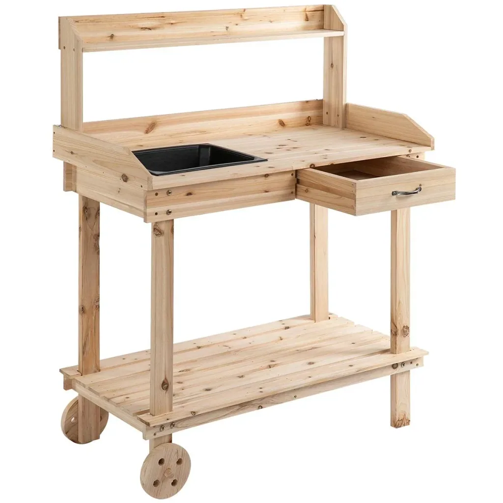 Pflanztisch mit Schublade 2 Stufen Gärtnertisch mit waschbecken und Rollen Garten, Tannenholz Natur 92 x 45 x 119 cm