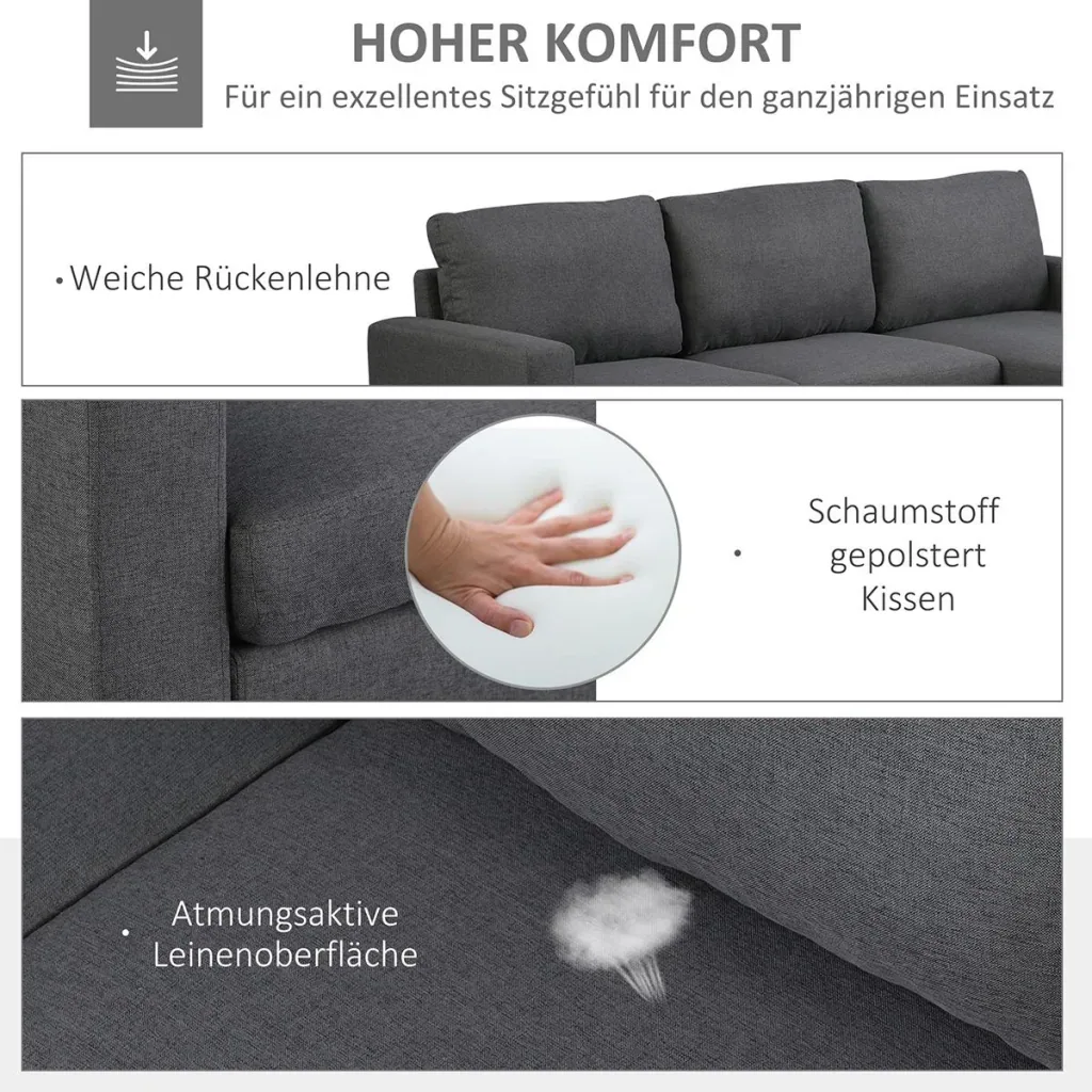 Ecksofa Stoffsofa Eckcouch Couchgarnitur mit Chaiselongue L-Form Leinen Grau