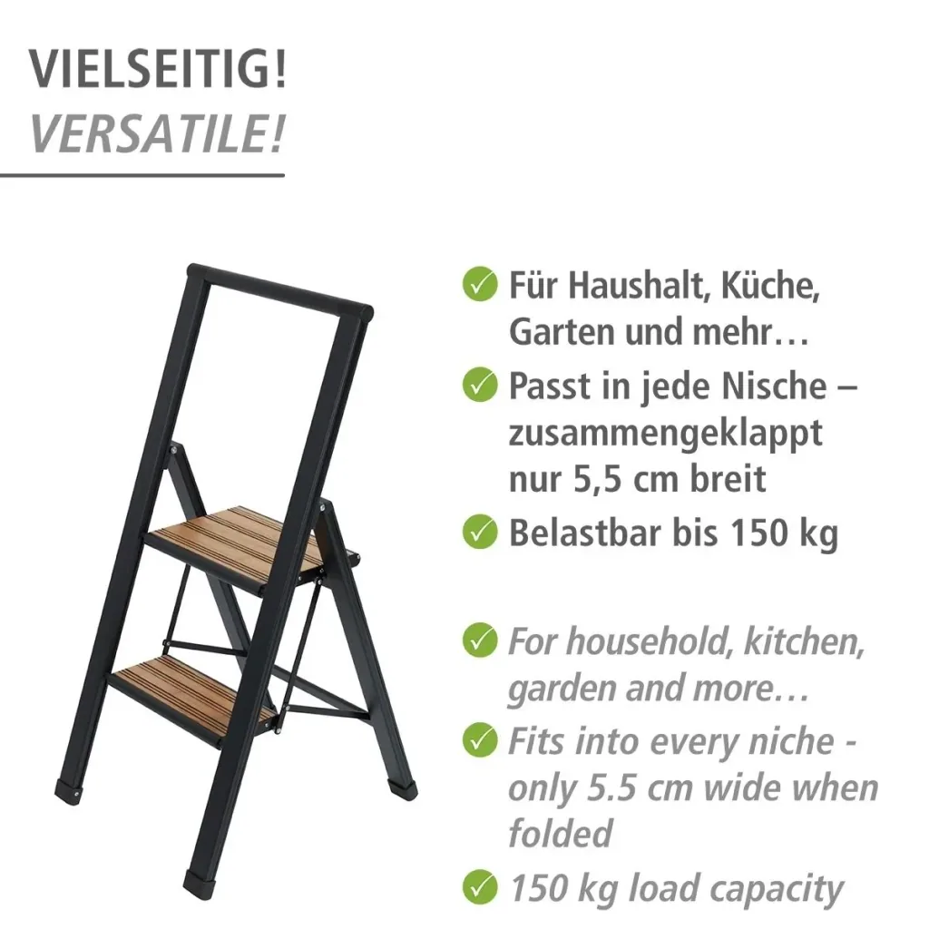 Alu-Design Klapptrittleiter 2-stufig Schwarz, rutschfeste Haushaltsleiter, Sicherheits-Stehleiter