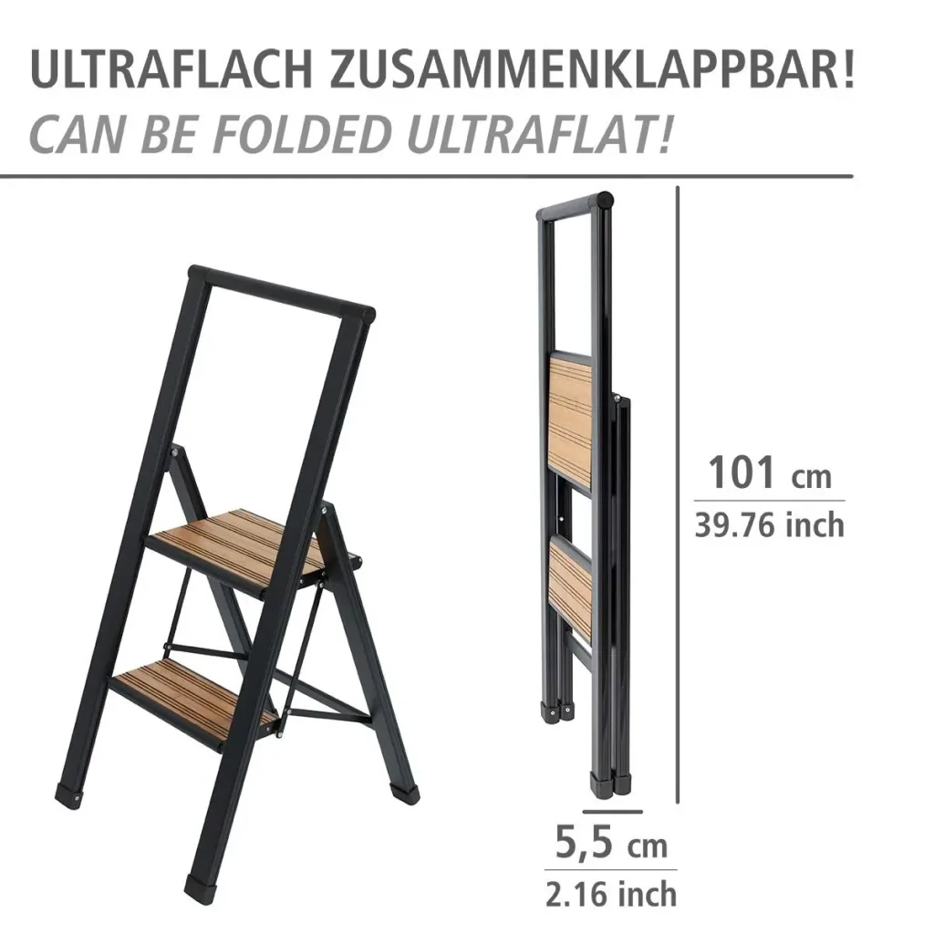 Alu-Design Klapptrittleiter 2-stufig Schwarz, rutschfeste Haushaltsleiter, Sicherheits-Stehleiter