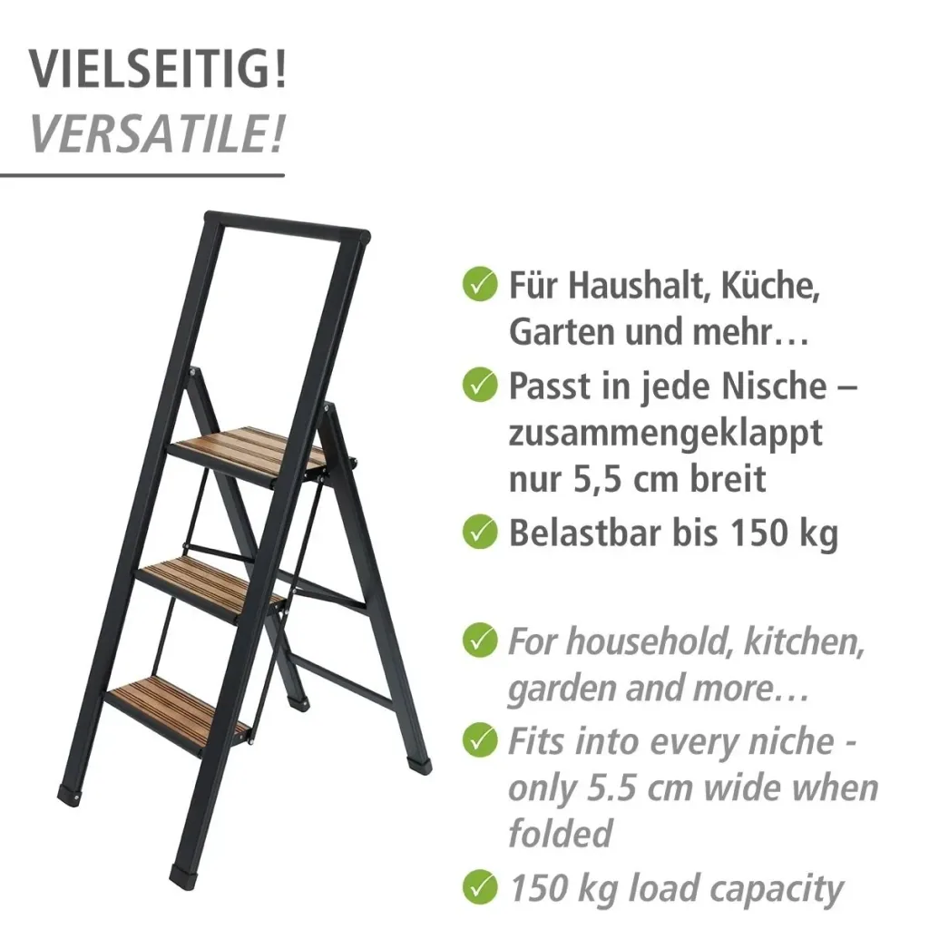 Alu-Design Klapptrittleiter 2-stufig Schwarz, rutschfeste Haushaltsleiter, Sicherheits-Stehleiter