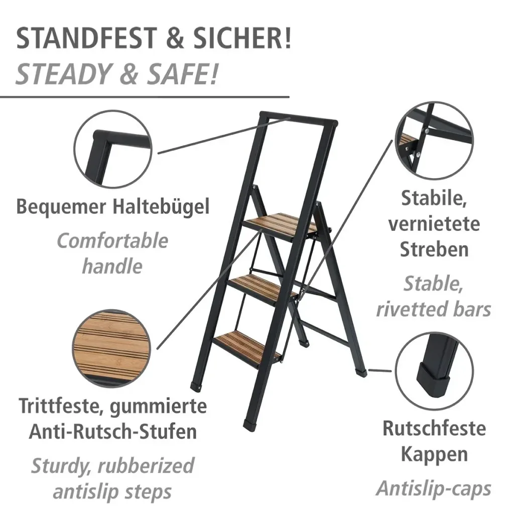 Alu-Design Klapptrittleiter 2-stufig Schwarz, rutschfeste Haushaltsleiter, Sicherheits-Stehleiter