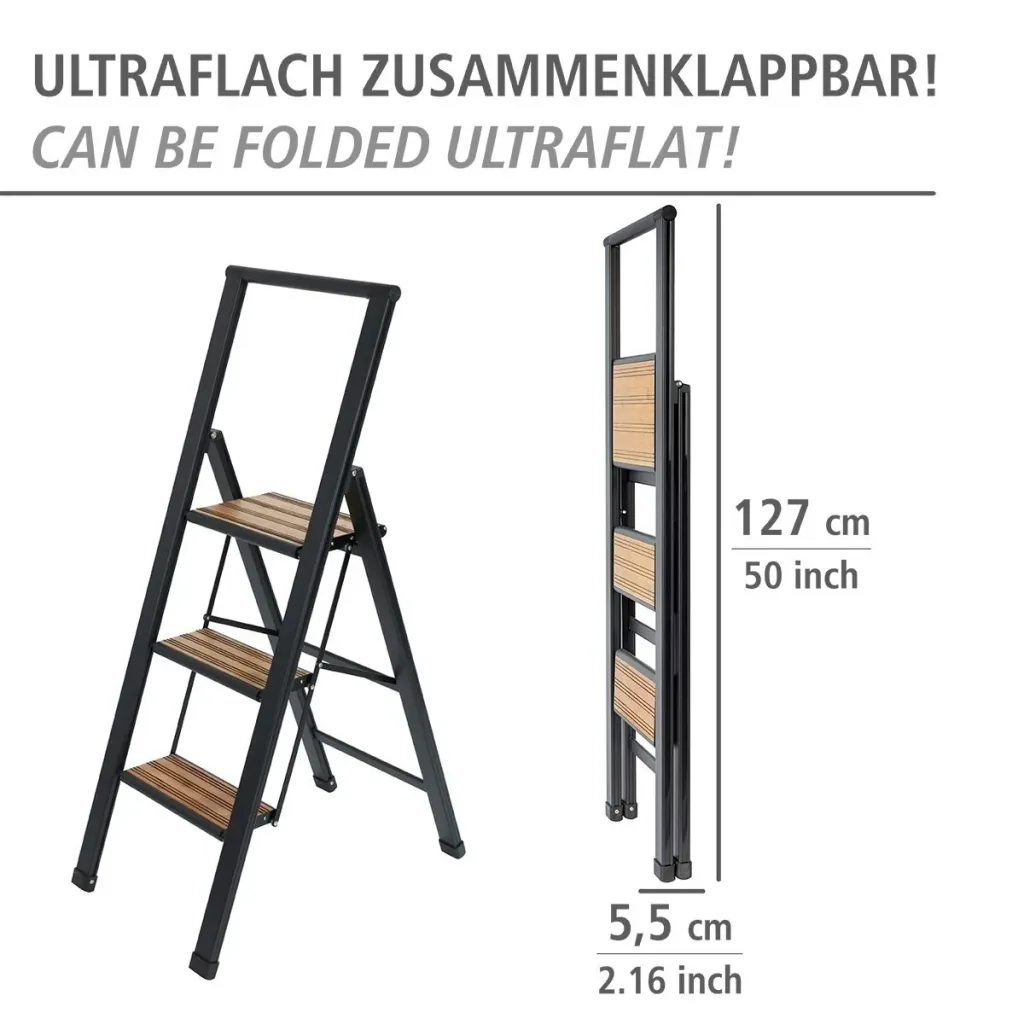 Alu-Design Klapptrittleiter 2-stufig Schwarz, rutschfeste Haushaltsleiter, Sicherheits-Stehleiter