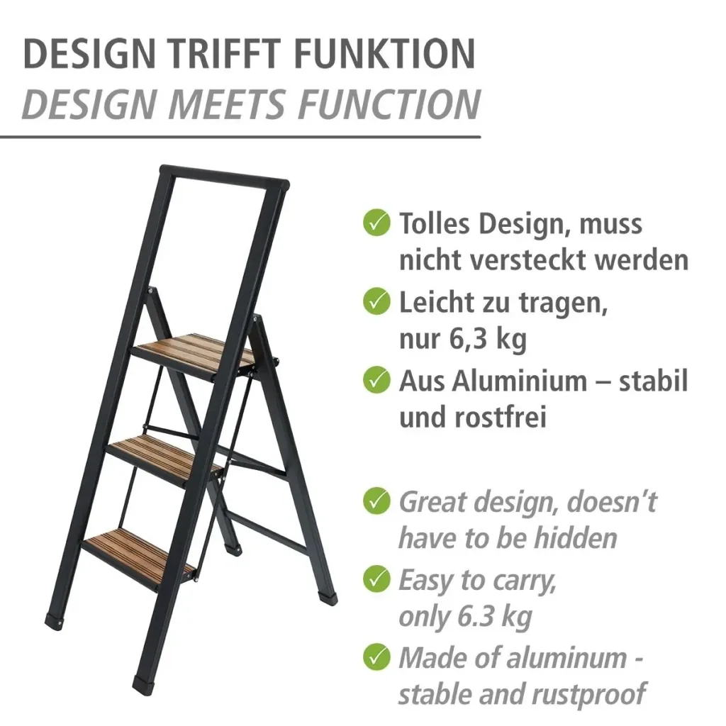 Alu-Design Klapptrittleiter 2-stufig Schwarz, rutschfeste Haushaltsleiter, Sicherheits-Stehleiter